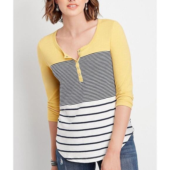 Maurices Colorblock Stripe Yellow White Navy Blue 24/7 Long Sleeve Henley Tee - Picture 1 of 7